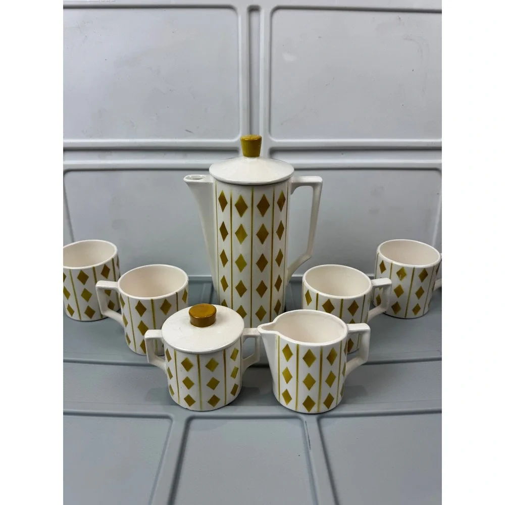 VTG Royal Sealy Harlequin Diamond Coffee Tea Set White Mustard MCM Ceramic 9pc